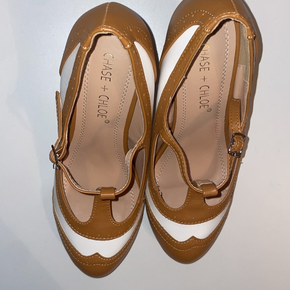 Chase + Chloe Tan and White T-Strap Heels - Picture 14 of 16
